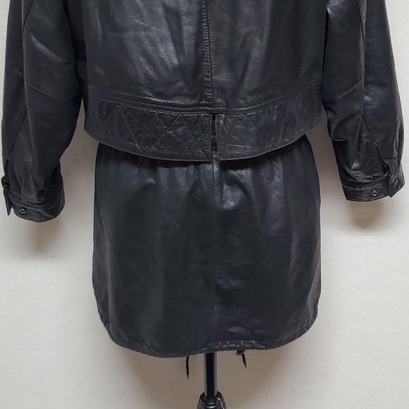 VINTAGE 80s Zenia Black Leather Hooded Tie-Waist Thermolite Lined Layered Jacket - Picture 14 of 16